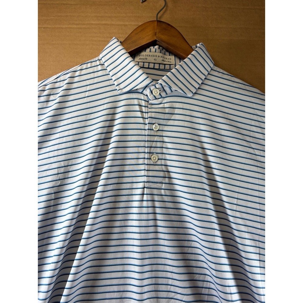 Holderness & Bourne Polo Shirt Mens XL White Blue Striped Golf Performance